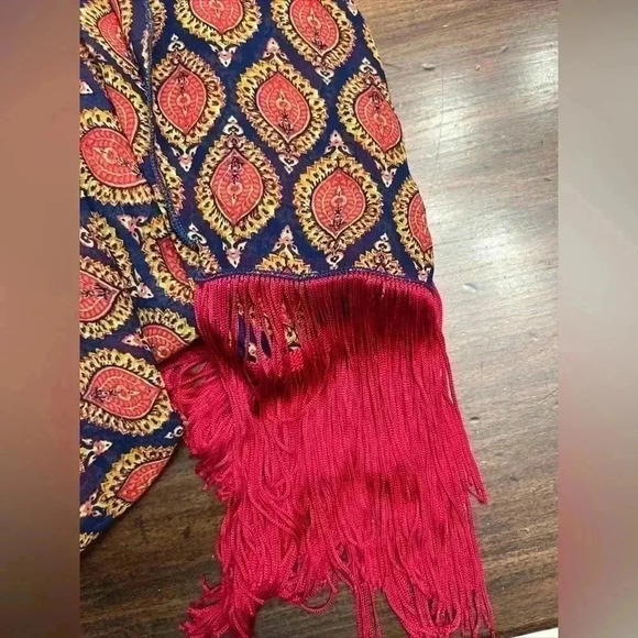 3/$10 Bundle LuLaRoe Monroe Kimono Cover Up Size L Navy Red Pattern Fringe NWT - Picture 5 of 5